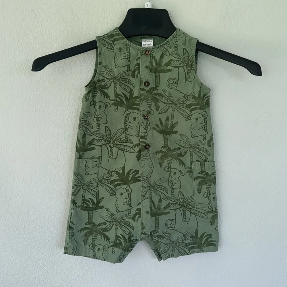 Carter’s green koala bear safari print sleeveless cotton baby romper size 18M